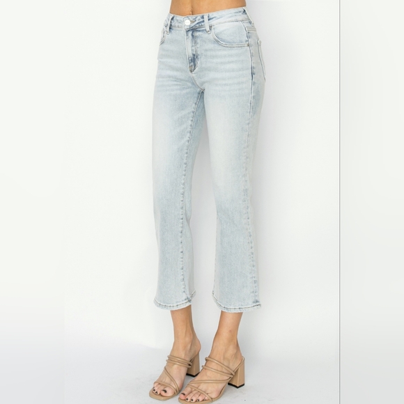 RISEN High-Rise Waist Skinny Fit Denim Pants Cropped Wide Flare Hem Blue Jeans - Picture 3 of 16